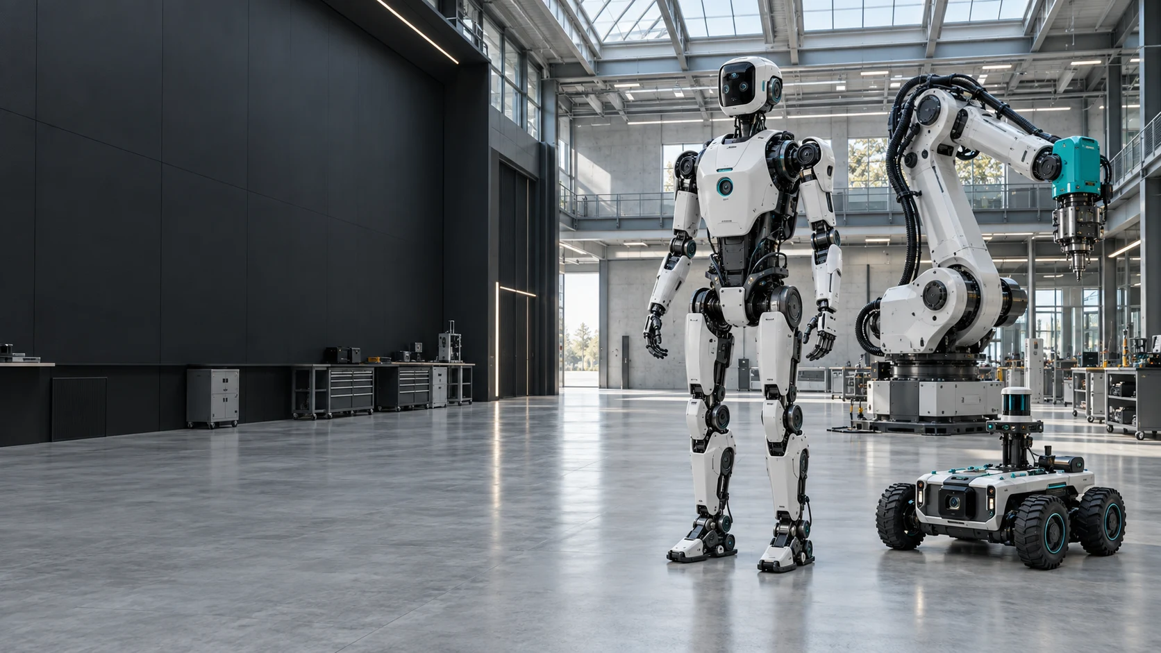 Humanoid robot, industrial robotic arm, and autonomous rover in a modern robotics facility